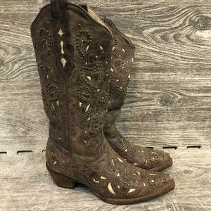 Corral Brown Bone Inlay Studded Cowgirl Boots